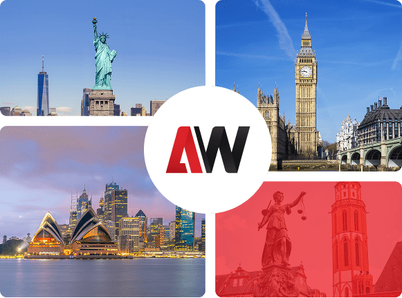 Collage of top study abroad destinations including USA, UK, Australia, and Germany with Avis Worldwide logo in the center.