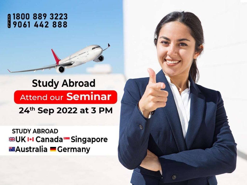 A professional woman enthusiastically promoting a Study Abroad seminar with a thumbs up, showing international flags and an airplane.